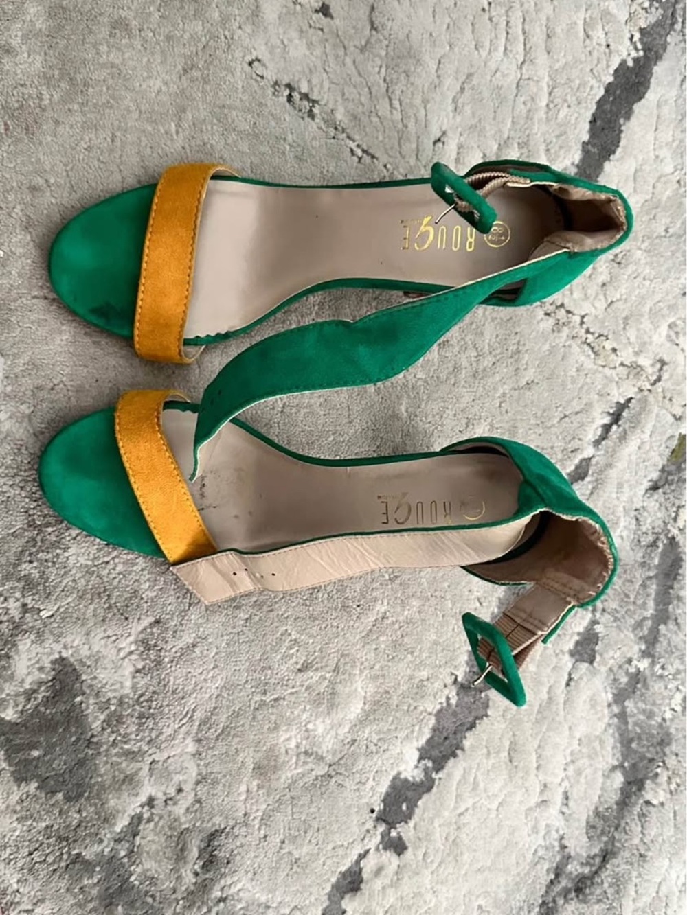 Rouge Helium Green and Yellow Suede Ankle-Strap Heels